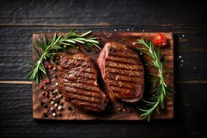 grill dark food fried beef raw red background top steak meat. Generative AI. photo