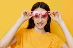 beautiful girl pink glasses Youth style casual wear isolated background photo