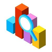 Data analysis infographic graph with magnifying glass in isometric design. vector