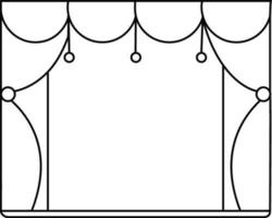 Curtains decorated cinema stage in black line art. vector
