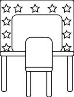 Star decorated cinema video screen with chair in black line art. vector