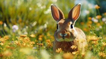 Rabbit in the meadow with yellow flowers. Easter background. photo