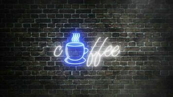 realista café néon tabuleta em tijolos parede fundo. cursivo cartas néon tabuleta com café caneca. símbolo do diferente tipos do café, expresso, capuccino, café com leite video