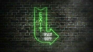 Exit way out neon signboard in green neon color on bricks wall background. Green neon arrow from left. Symbol of exit in green neon color. Concept of exit in stores. video