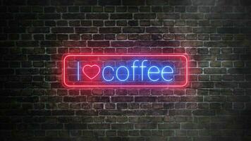 I love coffee realistic neon signboard on bricks wall background. Contorn in red and blue neon colors. Neon heart and letters. video