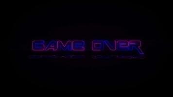 Game over letters in neon colors, blue and purple, with reflection on wet floor background video