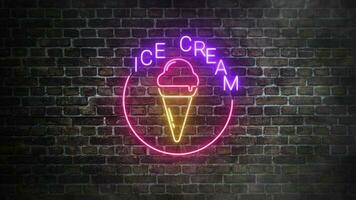 Ice cream neon signboard on bricks wall background. Ice cream logo or symbol in pink, purple and yellow neon colors. Realistic neon signboard with ice cream logo design video