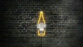 Neon bottle of beer with beer time words in the middle. Beer time real neon signboard on bricks wall background. Concept of nightlife. video