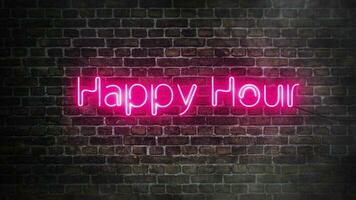 Happy Hour realistic pink neon signboard on bricks wall background and smoke in the ambient video