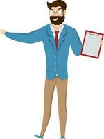 Character emotion. Illustration of bearded man character and holding a clipboard paper on white background. vector