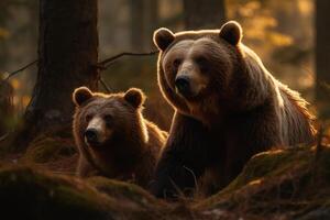 ai generativo marrón oso y cachorro en el bosque. fauna silvestre escena desde naturaleza foto
