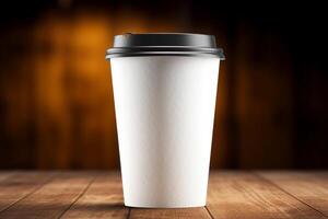 Blank paper coffee cup mockup on wooden table in cafe. 3d rendering photo