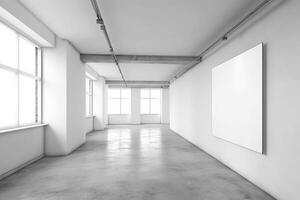 Interior of empty room with white walls, concrete floor and white mock up poster. 3d rendering photo