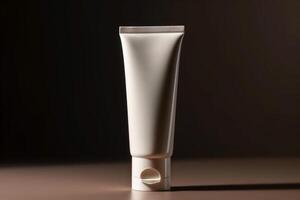 Blank white cosmetic tube mockup on black background. 3d rendering photo