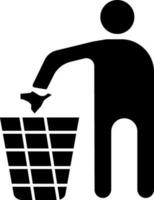 Man putting trash in Black and White dustbin icon. vector