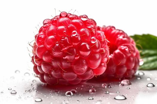 Ripe raspberry with water drops on a white background photo
