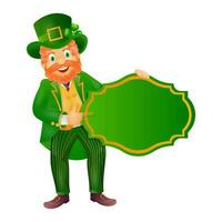 Illustration of leprechaun man character holding a board on white background. vector