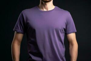 Young man wearing blank purple t-shirt, mockup for design Ai generative photo