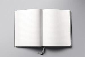 Blank open notebook on gray background 3d illustration photo