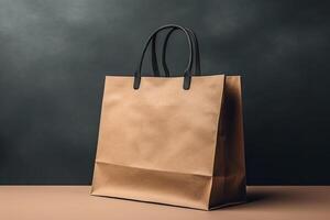 Paper shopping bag on wooden table in cafe. Mockup for design photo