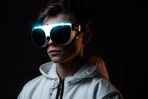 Young man wearing glowing virtual reality goggles. Isolated on dark background photo
