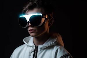 joven hombre vistiendo brillante virtual realidad gafas de protección. aislado en oscuro antecedentes ai generativo foto