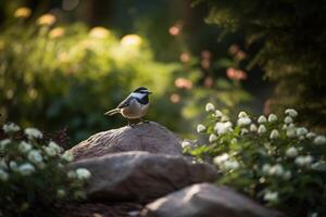 ai generativo linda pequeño paro pájaro sentado en un rama en primavera foto