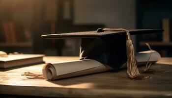 Stack of diplomas on antique bookshelf background generated by AI photo