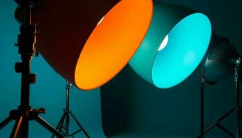 Spotlight illuminates vibrant stage backdrop, shining bright generated by AI photo