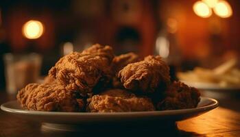 Freshly baked homemade bread on rustic wood table generated by AI photo