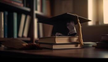 Old bookshelf holds wisdom, literature, and expertise generated by AI photo