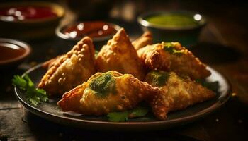 Deep fried samosas on rustic wooden plate generated by AI photo