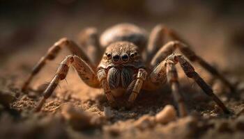 Hairy spider crawling in nature spooky forest generated by AI photo