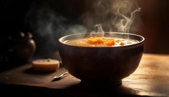 cuenco de caliente sopa humeante en mesa generado por ai foto