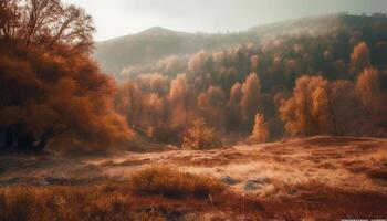 Golden leaves on autumn trees in the forest generated by AI photo