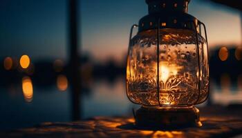 Glowing lantern illuminates tranquil sunset scene outdoors generated by AI photo