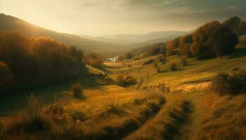 Mountain peak reflects multi colored sunset over meadow generated by AI photo