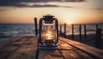 Glowing lantern on rustic wooden table at dusk generated by AI photo