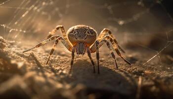 peludo araña gateando en rociado araña web generado por ai foto