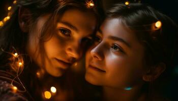Smiling Caucasian sisters embrace under Christmas lights generated by AI photo