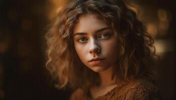 Young woman with curly brown hair smiling outdoors generated by AI photo