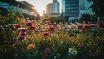 Vibrant wildflowers bloom in tranquil meadow landscape generated by AI photo