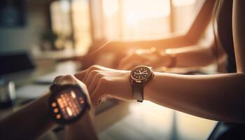 Businessman holding smart watch, watching clock speed generated by AI photo