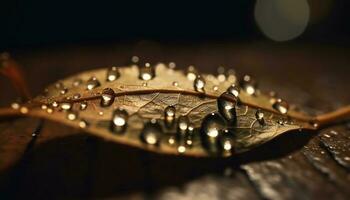 Fresh dew drops on wet autumn leaves generated by AI photo