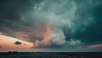 Dramatic sky over tranquil meadow at dusk generated by AI photo