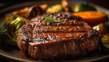 jugoso A la parrilla filete con Fresco vegetales y hierbas generado por ai foto