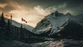 Majestic mountain peak back lit by sunset generated by AI photo