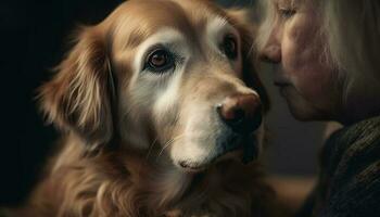 Cute puppy and loyal friend embrace in love generated by AI photo