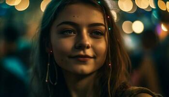 Young woman smiling, illuminated by Christmas lights generated by AI photo