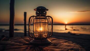 Glowing lantern illuminates old fashioned nautical vessel at dusk generated by AI photo